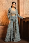 Buy_Aneesh Agarwaal_Blue Chiffon, Organza Embroidery Sweetheart Ikat Print Zardozi Sharara Set _at_Aza_Fashions