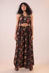 Buy_LABEL SHRISTI CHETANI_Brown Crepe Embellishment Beads V Neck Floral Pattern Jumpsuit _at_Aza_Fashions