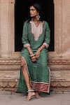 Buy_Avacara_Green Matka Silk Embroidered Gota Notched Printed Butti Kaftan  _at_Aza_Fashions