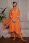 Buy_Pants and Pajamas_Orange Chanderi Mull Embroidery Mukaish V Neck Crayon Chikankari Kurta _at_Aza_Fashions