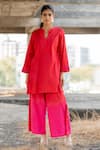 Buy_Pooja-Keyur_Red Cotton Satin Artistic Abstraction Kurta And Ombre Pant Co-ord Set  _at_Aza_Fashions