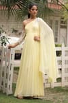 Buy_House of Tushaom_Yellow Georgette Embroidery Cutdana Asymmetric One Shoulder Draped Gown _at_Aza_Fashions