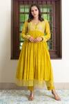 Buy_Maliha by Anar and Anoli_Yellow Chanderi Embroidered Resham Work Anarkali V Neck And Pant Set  _at_Aza_Fashions