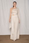 Buy_AMRTA by GUNEET KONDAL_Off White Embroidery Metallic Yarn Asymmetric Draped Top And Flared Pant Set _at_Aza_Fashions