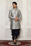 Buy_Arihant Rai Sinha_Silver Dupion Silk Plain Mandarin Collar Kurta _at_Aza_Fashions