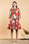 Buy_Divi By Sonal Khandelwal_Red Cotton Collared Wild Rose Print Shirt Dress _at_Aza_Fashions