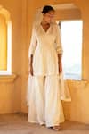 Buy_Preevin_Off White Cotton, Tulle, Net Embroidery Linear Pattern Peplum Angrakha Set _at_Aza_Fashions