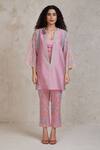 Buy_Sue Mue_Pink Handwoven Pure Chanderi Embroidered Cutwork Plunge Amal Kurta Pant Set _at_Aza_Fashions