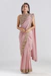 Buy_Megha Bansal_Pink Crepe Hand Embroidered Zardozi Work Noor Vrit Saree And Blouse Set _at_Aza_Fashions