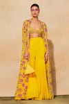 Buy_DiyaRajvvir_Yellow Cotton Silk Printed Chintz Plunge V Neck Floral Cape Gharara Pant Set _at_Aza_Fashions