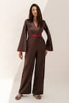 Buy_Kritika Madan Label_Brown Banana Crepe V Neck Flared Sleeve Jumpsuit  _at_Aza_Fashions