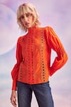Buy_House of eda_Orange Shell 80% Cotton 20% Silk Embroidery Scallop Lace Sabrina Top _at_Aza_Fashions