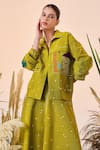 Buy_Shahin Mannan_Green Denim Abstract, Ostrich Spread Collar Shapes And Jacket_at_Aza_Fashions