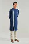 Buy_Shreyansh Designs_Blue Cotton Linen Extended Lapel Kurta  _at_Aza_Fashions