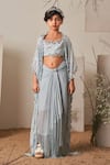 Buy_Merge Design_Blue Blouse And Dhoti Georgette Embroidered Floral Shrug & Skirt Set_at_Aza_Fashions