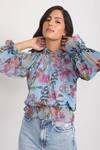 Buy_Aroop Shop India_Blue Chiffon High Neck Julia Ruffle Top_at_Aza_Fashions