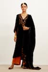 Buy_Devnaagri_Black Velvet Floral V Neck Embroidered Kurta Set _at_Aza_Fashions