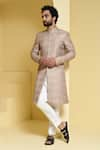 Buy_KUSTOMEYES_Beige Silk Embroidered Geometric Sherwani Set _at_Aza_Fashions