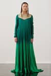 Buy_Akhl_Green Satin (66% Viscose 34% Modal)+ Silk-raffia Mesh (30% Pleated Flared Gown _at_Aza_Fashions