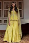 Buy_House of Dasmaya_Yellow Dupion Silk Embroidered Mirror Deep V Peplum Top Sharara Set  _at_Aza_Fashions