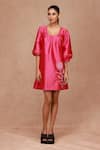 Buy_SHRIYA SOM_Pink Taffeta Embroidery Floral Round Neck Cocoon Sleeve Flower Dress  _at_Aza_Fashions