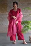 Buy_Cupid Cotton_Wine Chanderi Silk, Chiffon Lace, Embroidery V-neck Kurta Palazzo Set _at_Aza_Fashions