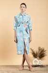Divi By Sonal Khandelwal_Sky Blue Cotton Embroidery Collared Lotus Print Shirt Dress _Online_at_Aza_Fashions