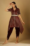 Buy_Monk & Mei_Maroon Velvet Embroidered Tamanna Asymmetric Kurta And Dhoti Pant Set _at_Aza_Fashions