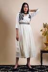 Buy_Bhusattva_White Organic Silk Embroidery Thread V Neck Bodice Dress With Belt  _at_Aza_Fashions