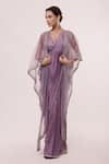 Buy_Onaya_Purple Silk Embellished Sequin V Neck Jacket And Pre-stitched Saree Set _at_Aza_Fashions