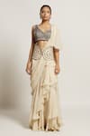 Buy_Sejal Kamdar_Beige Organza Embroidery Cutdana Ruffle Pant Saree With Blouse _at_Aza_Fashions