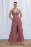 Buy_Amrta By Guneet Kondal_Pink Viscose Beads, Sequins Halter Neck Bailey Embroidered Jumpsuit _at_Aza_Fashions