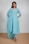 Buy_Label Mansi Nagdev_Blue Chanderi Pearls, Embroidery, Mirrors Keyhole Neck Nazreen Sleeve Kurta Set _at_Aza_Fashions