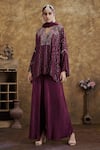 Buy_AFFROZ_Wine Georgette Jacquard Embroidered Chaval Taka V Full Sleeved Short Tunic Set _at_Aza_Fashions