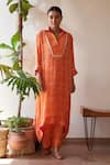 Buy_Rekha Agra_Orange Cotton Crepe Lotus Print Asymmetric Kaftan With Pant_at_Aza_Fashions