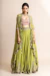 Buy_Nupur Kanoi_Green Cape- Georgette Embroidery Mirror Work U And Circular Pant Set  _at_Aza_Fashions