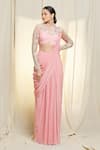Shop_Vivek Patel_Pink Crepe Hand Embroidered Artwork High Neck Saree Gown For Women_Online_at_Aza_Fashions