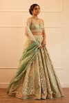 Buy_Cedar & Pine_Gold Net Embroidered And Printed Zari Deep V Floral Bridal Lehenga Set _at_Aza_Fashions