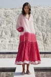 Buy_The Loom Art_Pink Handwoven Chanderi Silk Embroidered Flowers V Neck Ombre Dress  _at_Aza_Fashions