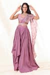 Buy_Piri India_Purple Silk Embroidered Glass Beads V Neck Pre-draped Saree Set  _at_Aza_Fashions