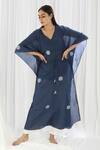 Buy_Khat_Blue Handloom Cotton V-neck Navy Polka Pattern Kaftan And Pant Set _at_Aza_Fashions