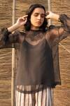 Buy_Ayaka_Black Silk Organza, Viscose Embroidery Round Neck Sheer Top _at_Aza_Fashions