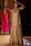 Buy_Rajiramniq_Gold Tissue Silk Embroidered Zari V Neck Kurta Sharara Set _at_Aza_Fashions