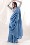 Buy_Piri India_Blue Saree  Dupion Embroidered Border Pre-draped With Blouse  _at_Aza_Fashions