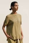 Buy_Urvashi Kaur_Yellow Handloom Cotton Mandarin Collar Nova Stripe Woven Top _at_Aza_Fashions