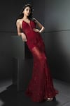 Buy_Rohit Gandhi + Rahul Khanna_Red Tulle, Crepe Crystals, Applique V-neck Supernova Beaded Gown _at_Aza_Fashions