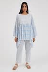 Buy_Kora_Blue Cotton Embroidery Round Neck Hand Block Printed Top And Pant Set _at_Aza_Fashions