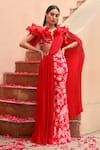 Buy_Dheeru Taneja_Red Crepe Printed Floral V Aalia Pant Saree With Ruffle Sleeve Blouse  _at_Aza_Fashions