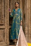 Buy_Rajiramniq_Blue Anarkali Chanderi Tissue, Dupatta Organza, Palazzo Modal Floral Set _at_Aza_Fashions