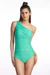 Buy_Kai Resortwear_Green One Shoulder Draped Swimsuit  _at_Aza_Fashions